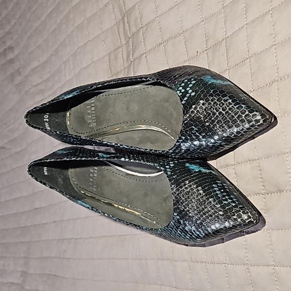 Stuart Weitzman Navy Blue Snakeskin Print Pointed Toe Kitten Heel Size 7.5 - Picture 2 of 16